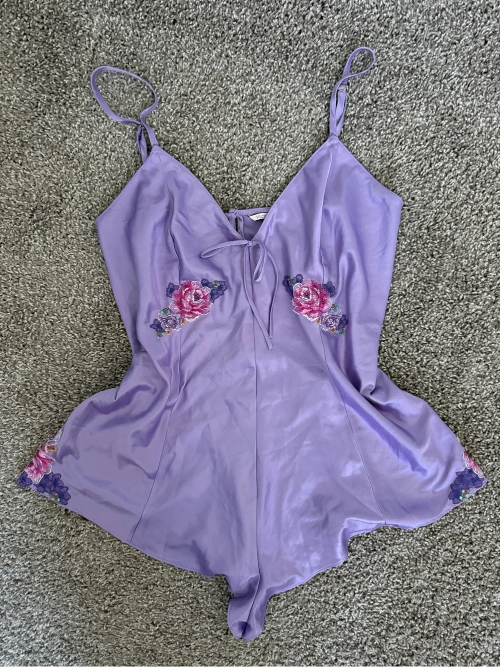 Victoria's Secret Lilac Satin Embroidered Floral Chemise Romper Coquette Fairy